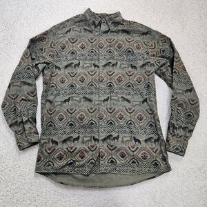 Cabelas Shirt Mens Green Deerskin Soft Chamois Southwestern Aztec Wolf L Tall